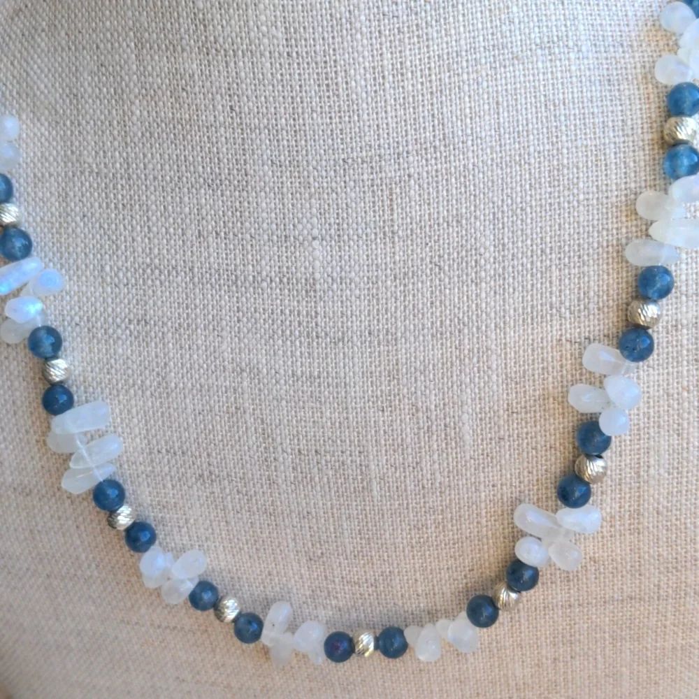 Moonstone & Kyanite Sterling Silver necklace. New Glowing Genuine Gems, Blue - Picture 1 of 4